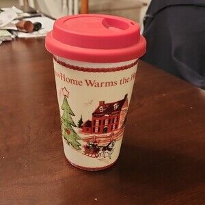 Fitz & Floyd Vintage Glass Travel Mug "Home Warms the Heart" Silicone Lid Top